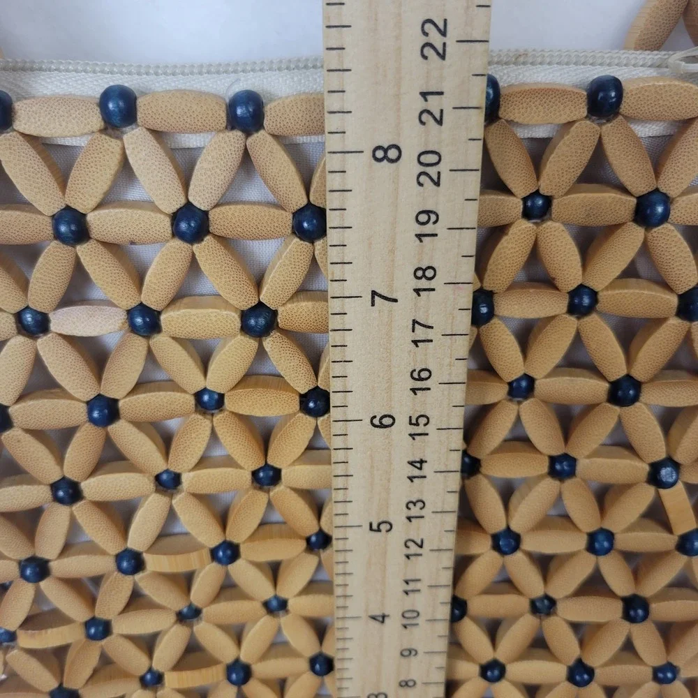 Wooden Bead Flower Purse Blue Tan Boho Crossbody Handbag